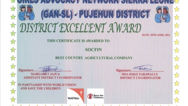 EN – Socfin agriculture company gets meritorious award