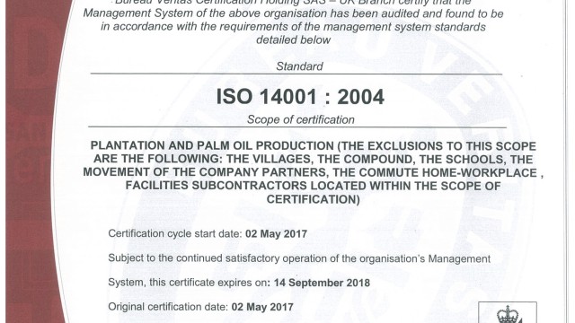 Socfin Agricultural Company is proud to be certified ISO 14001