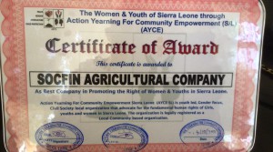 Certificate of award: SAC as best company in promoting the right of woman & youths in Sierra Leone
